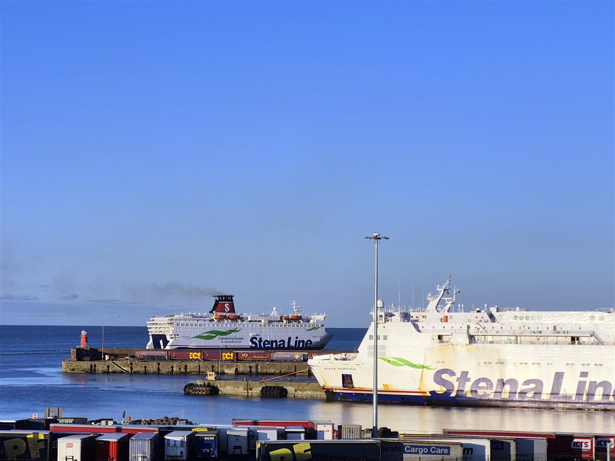 Stena Line ferry docked at Rosslare, a second Stena Line ferry departing in the background 